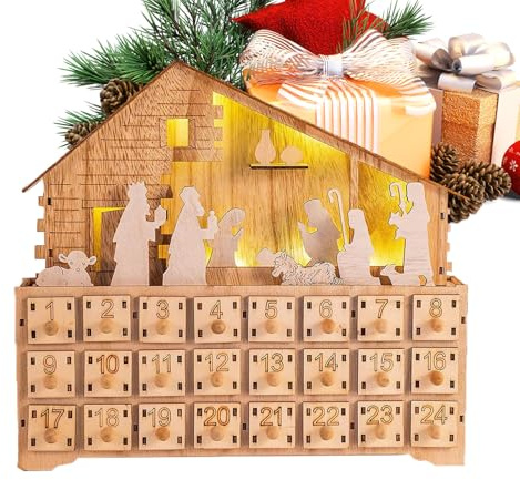 Scene De La Nativité De Noël Avec Tiroirs Pour L Avent,24 Jours Décoration De Noël En Bois - Calendrier De L Avent Tiroir Avec Lumière LED | Pour Intérieur Fêtes Bureau