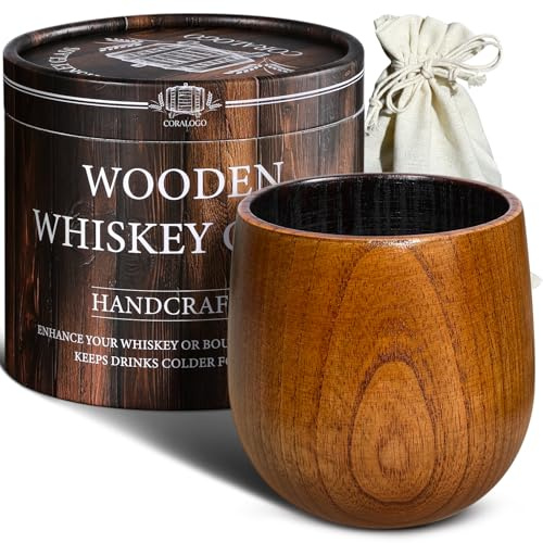 Coralago Wooden Bourbon Drinking Glass Set - Charred Whiskey Cup Handcrafted Wooden Whiskey Gift for Men Dad Husband with Designed Gift Box - Birthday Christmas Retirement
