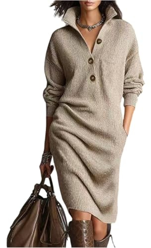 BUhuiBabubu Midi Jumper Dress for Women UK Long Sleeve Button V Neck Ladies Autumn Winter Knitted Elegant Sweater Dresses with Pockets 30th Birthday Gifts for Women,Khaki,L,u694k