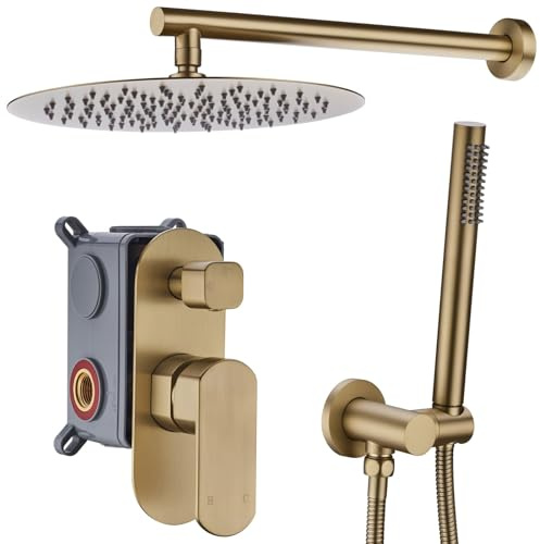 Brushed Gold Brass Shower Set, Concealed Mixer Valve System, Bathroom 12 Inch Rainfall Shower Head Round Handheld 2 Function Kit