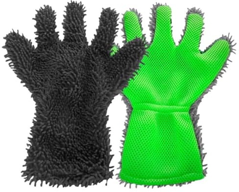 BE-TOOL Noir + Vert 1 Paire de Gants de Lavage de Voiture en Microfibre à 5 Doigts, Gant de Nettoyage à 5 Doigts pour Séchage et Lavage de Voiture, Moto, Dépoussiérage