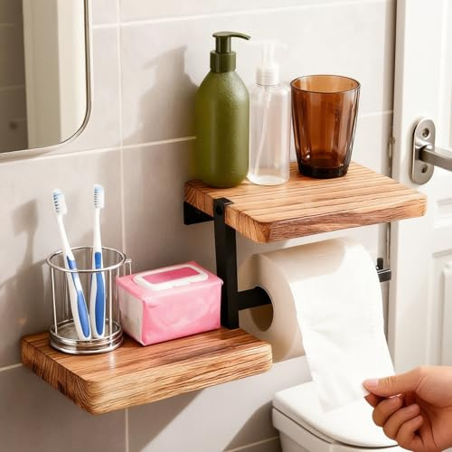Toilettenpapierhalter mit Ablage, Klopapierhalter Holz Ablage mit 2, Wandmontage Klorollenhalter, Klopapierhalter mit Ablage, WC Papier Halterung, Klopapier Aufbewahrung für Badezimmer