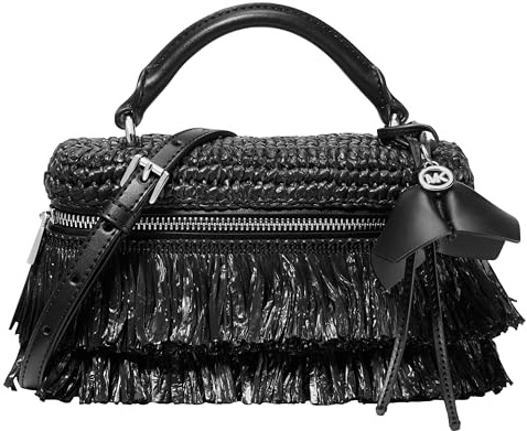 Michael Kors Women's Jana Extra Small Top Handle Crossbody, Silver-Tone Hardware/Crochet Straw, Black/Black