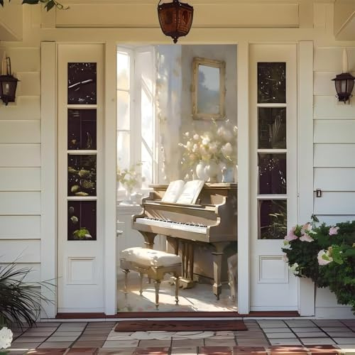 Treer Decorazione per Porta Ingresso con Elastico, Copertura per Porta Decorazione Elastica Esterna Interna Striscione da Appendere Coperto per Tutto L'Anno (Pianoforte Bianco,90x210cm)