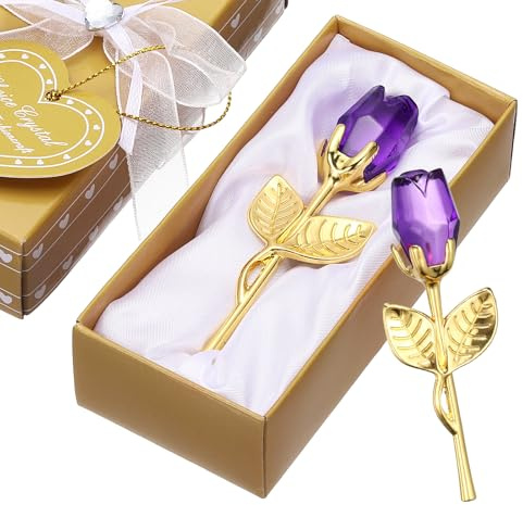 QUARKZMAN 2 Piezas Mini Rosa De Cristal con Caja Flores De Cristal Románticas Regalos De Rosas para Cumpleaños Regalos De San Valentín Púrpura Y Dorado