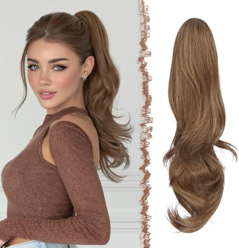 FESHFEN Zopf Pferdeschwanz mit Kordelzug, Natürlich Wellig Layered Haarteil Synthetik Toffee Gemischt Haarverlängerung Clip in Ponytail Haarextension Haarzopf für Damen, 50cm