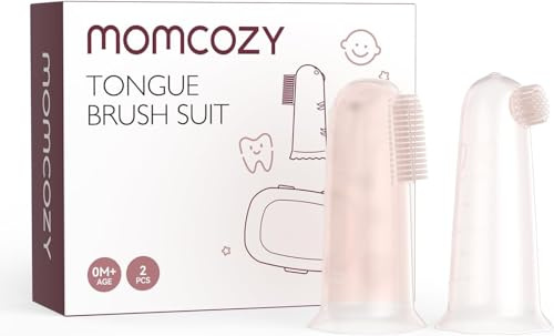 Momcozy silikon fingertandborste för spädbarn, fingertandborste för tandning och träning, babymunrengöring, 2 silikontandborstar