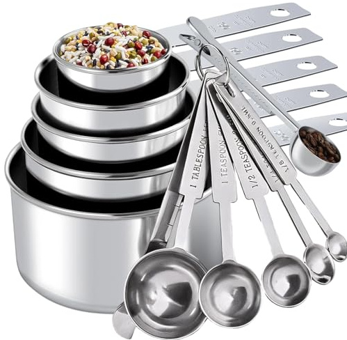YNNHUDEEP Cucharas medidoras, juego de 13 cucharas medidoras de acero inoxidable, cucharas dosificadoras con clip y vaso medidor, cucharas de medición y tazas para gramos de cocción y horneado