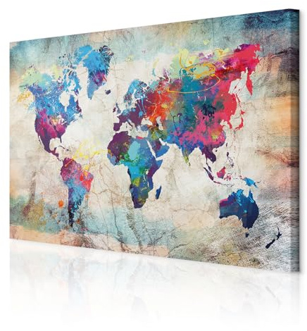 decomonkey Wandbilder Weltkarte 120x80 cm 1 Teilig Leinwandbilder Wanddeko | Strukturleinwand, Holzkeilrahmen, Bild auf Leinwand, Kunstdruck, Wohnzimmer, Wanddekoration, Welt Karte, Landkarte