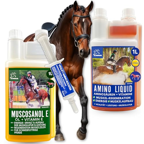 Muskelaufbau Pferd Set mit Reiskeimöl & Leinöl 2×1 L + Aminosäuren Paste 30 ml | mit Vitamin E & Aminosäuren | Omega-3 Öl für Muskulatur, Regeneration & Leistungsbereitschaft