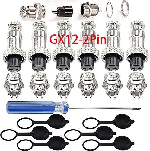 RUNCCI-YUN 6Pcs GX12-2Pin Aviazione Spina, 5A Aviazione Connettore Spina, Maschio Femmina Plug Metallo 12mm Connettore Pannello Presa Spina, con Gomma Protettore Berretto e Phillips Cacciavite