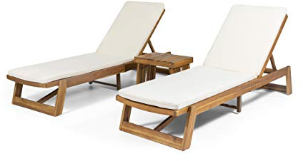 Christopher Knight Home Eugene Outdoor Acacia Wood 3 Piece Chaise Lounge Set, Teak Finish, Yellow, Cream