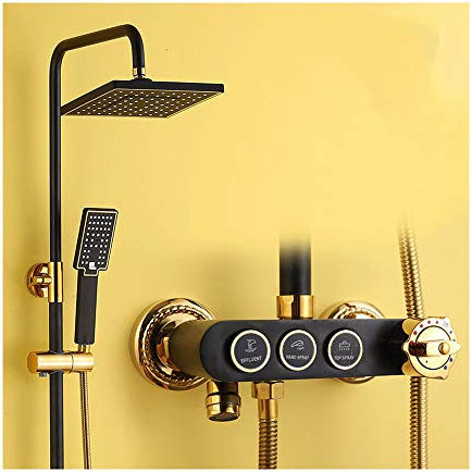 GLYYR 8 Pouces Thermostatique Noir d'or Colonne de Douche Montage Mural 3 Fonction l'eau de Sortir Ensemble de Douche avec Douche à Main, Pommeau de Douche, Robinet de Baignoire