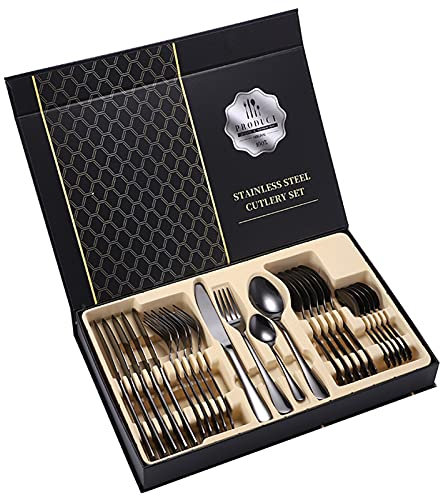 Besteck Set Aus Edelstahl, 24-Teilige Essbesteck Als Geschenkbox Inkl Hochwertige Spiegelpolierte Besteck-Sets, Mehrzweckgebrauch Für Haus, Küche, Für 6 Personen (Schwarz)