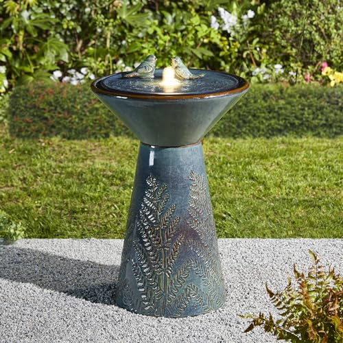 Glitzhome 27.5 H Outdoor Garden Water Fountain with LED Light and Pump, Turquoise Two Birds Embossed Pattern Pedestal Ceramic Floor-Standing Water Fountain for Yard Floor Patio Backyard