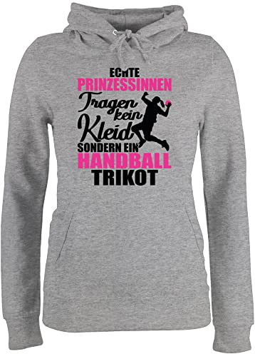 Pullover Damen Hoodie Frauen - EM 2026 Ersatz - Echte Prinzessinnen tragen kein Kleid sondern ein Handball Trikot - schwarz/fuchsia - M - Grau meliert - pulli handballer kapuzenpulli hanball