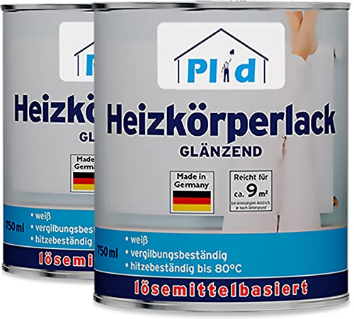 Plid® Heizkörperlack lösemittelhaltig Thermolack Metalllack Heizkörperfarbe Lack Farbe für heizkörperverkleidung schnelltrocknend 2in1 hitzebeständig 80 grad Glänzend Weiß 1,5l