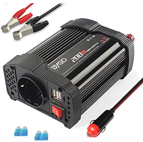 BYGD Inversor de Coche 200W/400W 12V DC a 220V 230V AC, Convertidor con Adaptador de Cargador de Coche Rápido USB Dual 3.1A, para iPad, iPhone, Tablet, Consolas y Cámping