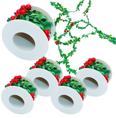 HOVUK® Guirnalda de hojas de acebo verdes de 2,7 m con bayas rojas brillantes, decoración de árbol de Navidad de lujo, ideal para fiestas y decoración del hogar Xmax (5 guirnaldas de hojas de acebo
