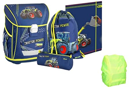 Fun Unlimited Traktor Tractor Power Schulranzen Set 5 teilig - Spirit Cool mit Schuh-/Sportbeutel , Schlamper, Gummizugmappe A4 und Regenschutz, Blau Grün, ca.23/34/42 cm, TTS408868