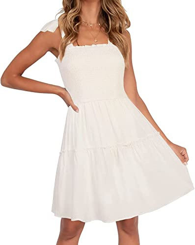 ZESICA Women's 2025 Summer Spaghetti Strap Sleeveless Square Neck Ruffle A Line Swing Mini Dress,Ivory,Small