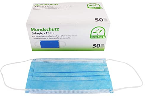Medi-Inn+ Mundschutz Atemschutz Gesichtsmaske Einwegmaske mit Elastikbändern Typ II 3-lagig blau