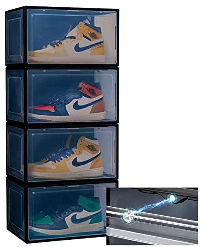 CRELIV Schuhboxen Transparent, Schuhkasten, Stapelbare Schuhorganizer, Schuhkiste, Schuhaufbewahrung mit Magnetischer Seitenöffnung, Aufbewahrungsboxen für Schuhe bis Größe 48 (4 Stück, schwarz)