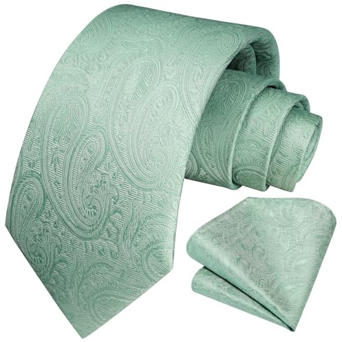 HISDERN Krawatte Grün Herren Hochzeit Paisley Krawatten und Einstecktuch Set Elegant Blumen Krawatte mit Taschentuch Business Party