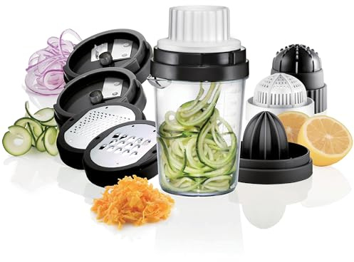 Nourished Essentials 8-in-1 Spiralizer Juicer Grater Set of 9 - Compact Plastic Vegetable Noodle Maker with Stainless Steel Blades - Dishwasher Safe - Spiralizer for Veggie Noodles