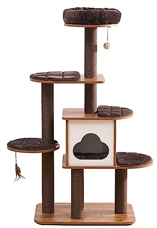 55-Zoll-Katzenturm mit mehrschichtiger Plattform und Eigentumswohnung, moderner Katzenbaum aus Holz mit interaktivem Spielzeug-Hängeball, hoher Kratzbaum mit Sisalseil-Kratzstämmen, Katzenwohnungsmöbe