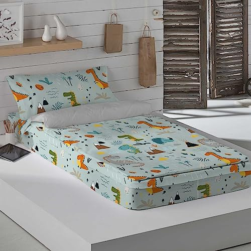 COOL KIDS Saco Nórdico Sin Relleno Cama 90, 100% Algodón, Juego de Saco Nórdico 90x190/200 cm + 1 Funda de Almohada 45x110, Saurus