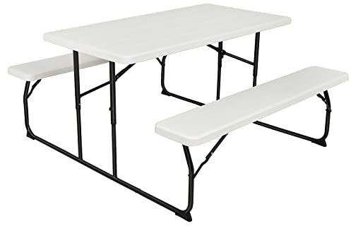 GOPLUS Faltbarer Campingtisch für 4 Personen, Picknicktisch mit Bänken, Biertischgarnitur für Terrasse Garten, Gartenmöbel-Set für Innen- und Außen, 151 x 136 x 72 cm (Weiß)