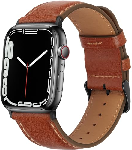 HITZEE Lederarmband Kompatibel mit Apple Watch Armband 49mm 46mm 45mm 44mm 42mm Ultra SE2 SE Series 10 9 8 7 6 5 4 3 2 1 Armband, Echte Leder Ersatzarmband Band für Herren Damen, Rot Braun