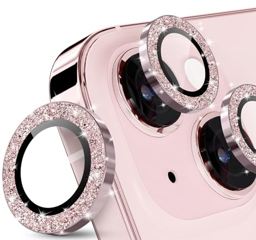 imluckies Pailleté Caméra Arrière Protecteur pour iPhone 15 / iPhone 15 Plus [Anti-Rayures], Anneau Individuel en Alliage Aluminium, HD Verre Trempé 9H Camera Protection, Brillant Rose