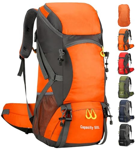 jianyana Vandringsryggsäck 50 liter vikbar vattentät lätt vandringsryggsäck med regnskydd för camping resor vandring utomhussport för kvinnor män, Orange, 62*15*30cm