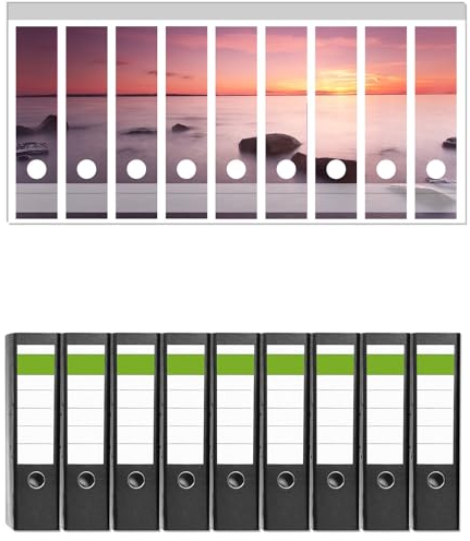 Wallario 9 Stück breite Ordner inkl. Klebeetiketten mit Motiv Nebel am See bei Sonnenuntergang - Set mit Rückenschildern/Ordnerrücken Stickern