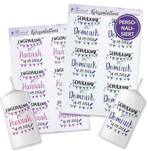 FEENSTAUB Kerzentattoos Einschulung, personalisierte Deko Schuleinführung, Einschulungsfeier Deko selber machen, Tischdeko Einschulung, Kerzenaufkleber, 1.Schultag, DIY Deko zum Schulanfang, Wimpel