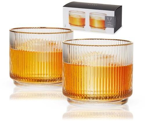 Viski Meridian Crystal Lowball Tumblers, Art Deco Whiskey Glasses, Crystal Scotch Glasses, Old Fashioned Glasses, Ribbed Glassware 12oz Set of 2