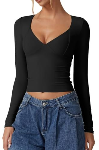 Achlibe Womens V Neck Crop Top Y2k Long Sleeve Slim Fit T-Shirt Classic Solid Color Shirt Coqutte Going Out Tops (A-Black, S)