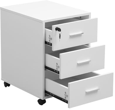 Homullel Office Drawers, Under Desk Pedestal Lockable 3-Drawers Office Storage Unit, Under Desk Drawers Storage Unit, Mobile Flie Cabinet for Office, Home Office Furniture (MDF, Solid White)