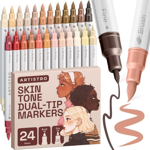 ARTISTRO 24 marcadores de pintura acrílica de colores de piel, bolígrafos de pintura para dibujar, pincel + puntas finas para tela, roca, vidrio, madera, bricolaje, suministros de arte y manualidades