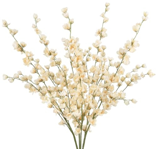 IPOPU Delphinium Artificial Flowers,5PCS Fake Larkspur Flowers 45.6in Long Stem Silk Flowers for Tall Vase Table Centerpieces Wedding Home Decor (Champagne)