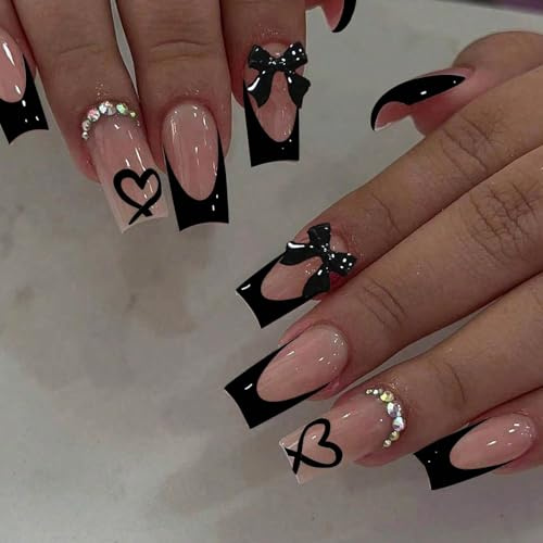 Goiern 24 Pezzi Coperture Unghie Francesi Adesive con Decorazioni, Unghie Artificiali di Media Dimensione, Adesivi, Splendidi Adesivi per Unghie a Fiocco (nero)