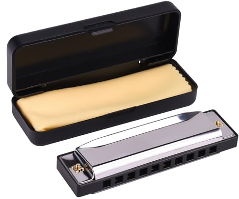 Qaixwuyi Blues Armónica para niños principiantes Brooks Armónica Principiante Plata 10 Agujeros 20 Notas C Llave Bluesharfe Cuerpo Metálico con Estuche Paño de Limpieza