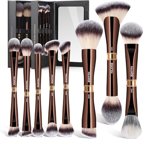 MAANGE Luxury 8-Piece Makeup Brush Set - Dual-Ended Makeup Brushes with 16-in-1 Functions & Mirror Case Professional Foundation, Eyeshadow, and Blush Brushes for Full Face Makeup