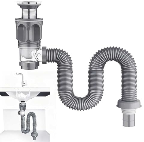 Bathroom Sink Drain Kit, Pop Up Waste with Flexible Waste Pipe, Universal Bathroom Sink Waste Kit Kitchen Sink Wastes Kit Odour-Proof and Leakproof for Bath Wash Basin Kitchen(Grey)