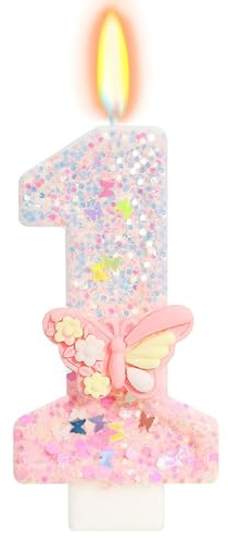 Mavouri Schmetterling Geburtstagskerzen Zahlen 1, Schmetterling Kerze 1. Geburtstag Mädchen, Geburtstagskerze 1 Jahr, Schmetterling Tortendeko 1. Geburtstag Mädchen, Kerzen Zahlen 1 Rosa (ca.7,2cm)