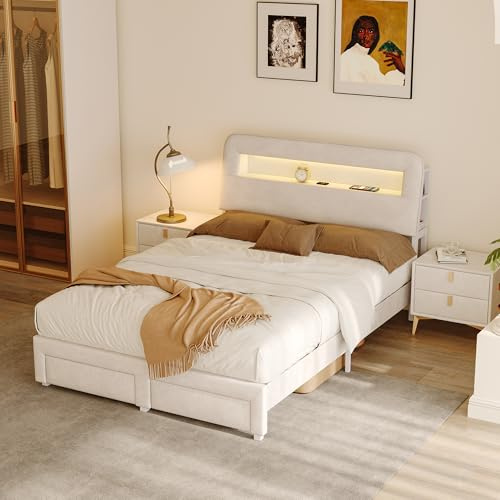 Bettkasten 140 x 200 cm mit LED-Beleuchtung und USB-Aufladung, Kopfteil mit Stauraum auf beiden Seiten, Doppelbett mit 2 Schubladen, Schubladenbett, Samt, ohne Matratze, Beige Weiß