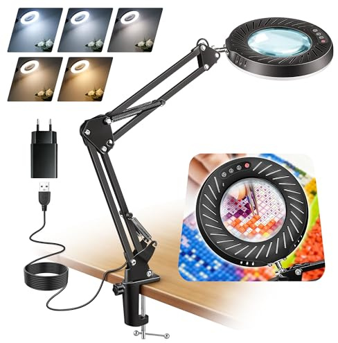 Morotty Lampe Loupe 12x avec Pince,Lampe Loupe de Bureau à Intensité Variable avec 5 Modes de Couleur, 9 Niveaux de luminosité pour Lecture,Réparations,Artisanat