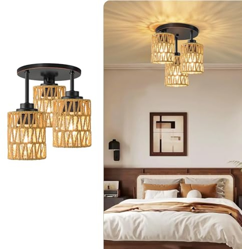 COOINJOY Boho Rattan Deckenleuchte, 3-Flammig, Schwarz mit Natürlichem Lampenschirm, Vintage Hängelampe für Wohnzimmer, Schlafzimmer, Küche, Flur(Keine Glühbirne)